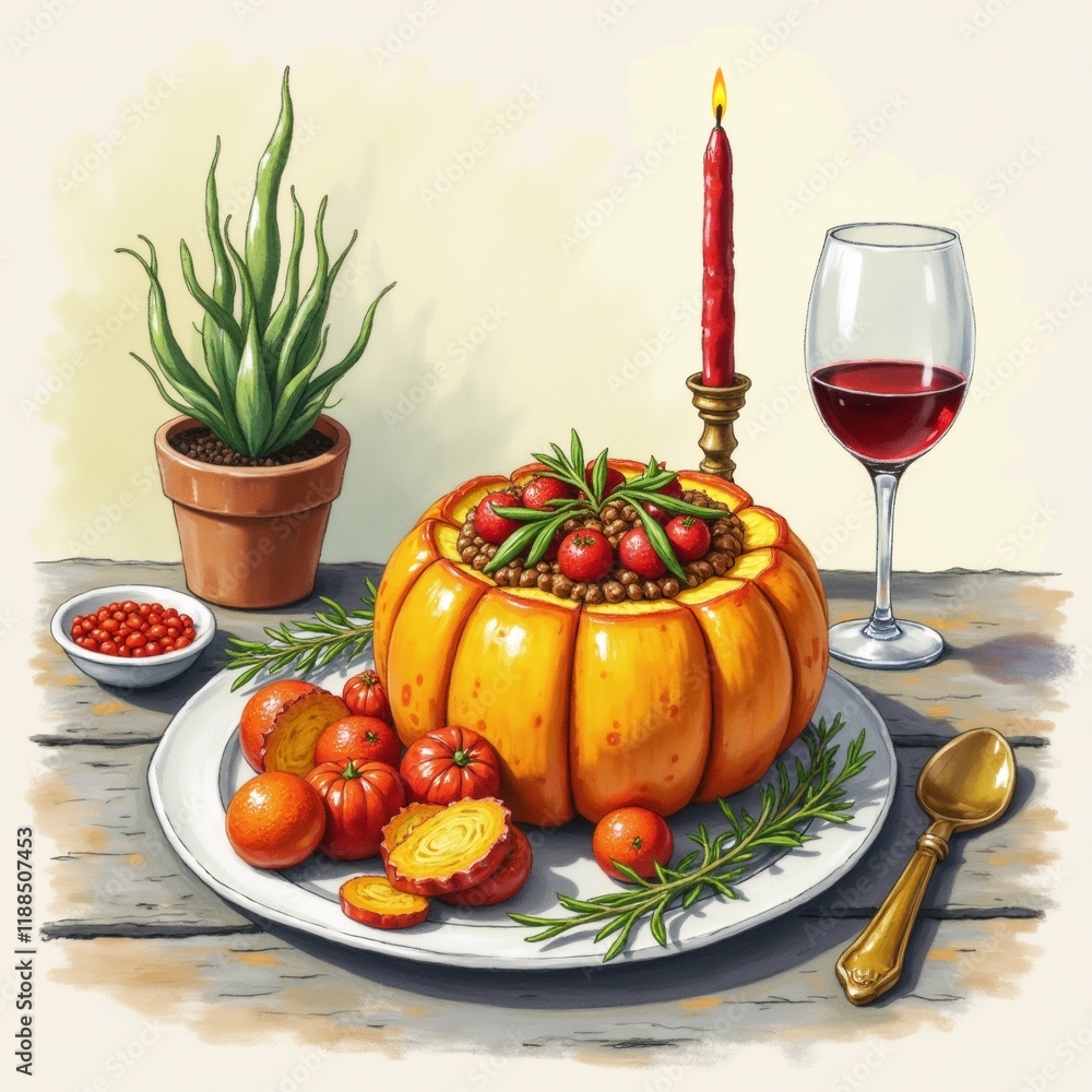 Poster the image is a colorful illustration of a table setting with a pumpkin in the center. the pumpkin is
