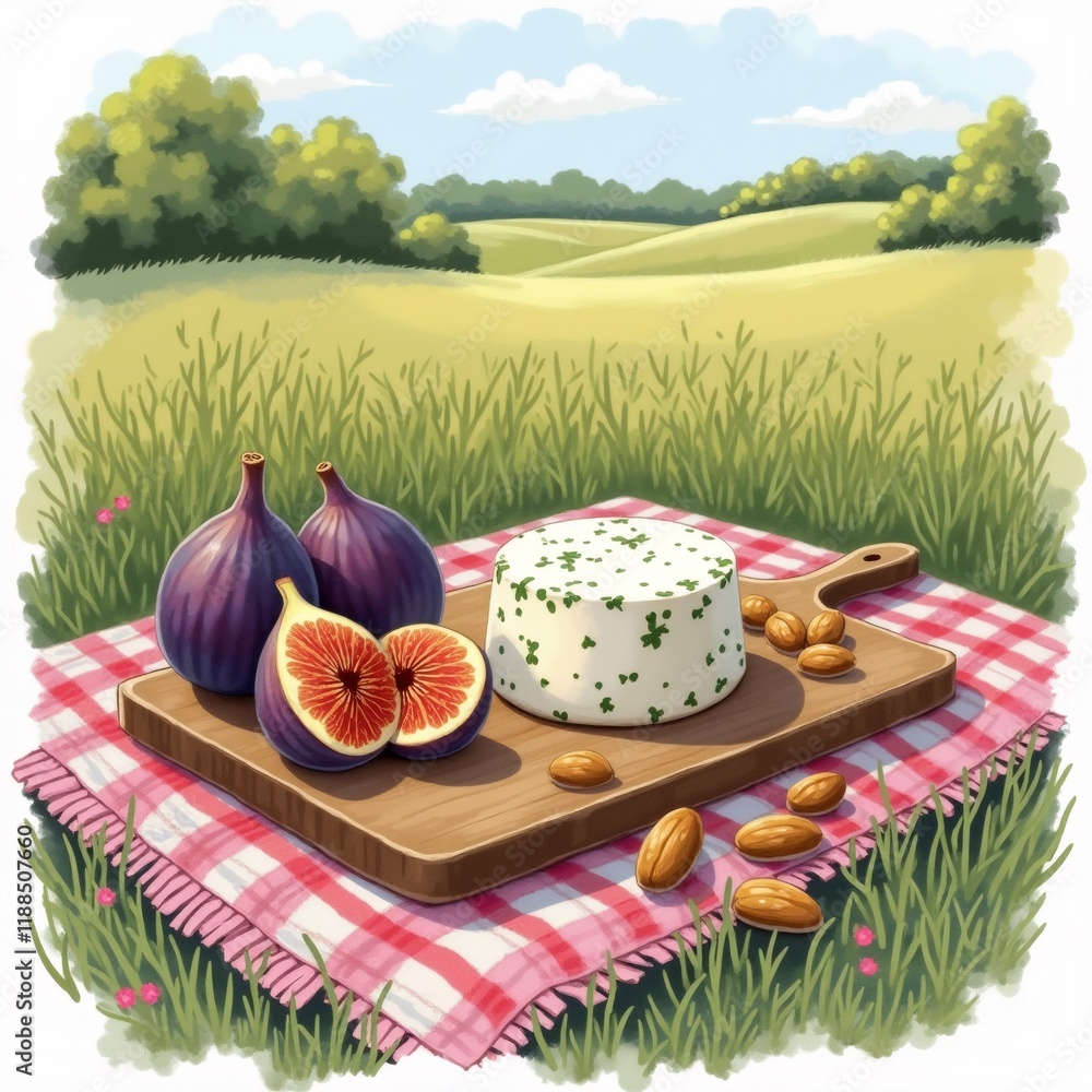Poster the image is a digital illustration of a picnic scene in a green field. the field is covered in tall