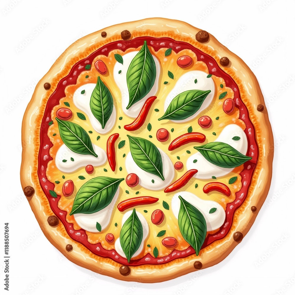 Poster the image is a digital illustration of a pizza. the pizza is round and has a golden brown crust. it 
