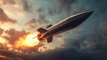 A rocket launches into the sky, leaving a trail of fire and smoke against a dramatic sunset backdrop.