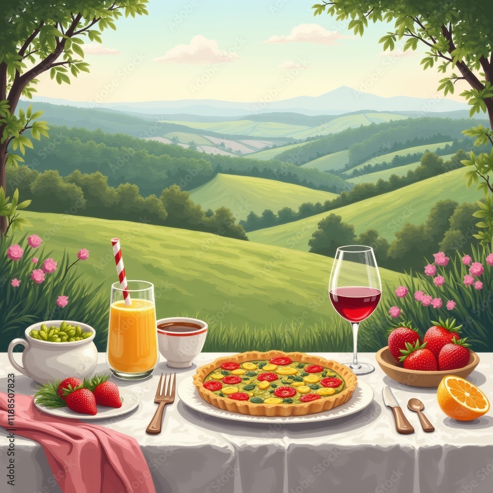 Poster the image is a digital illustration of a table set up in a garden with a beautiful view of the count