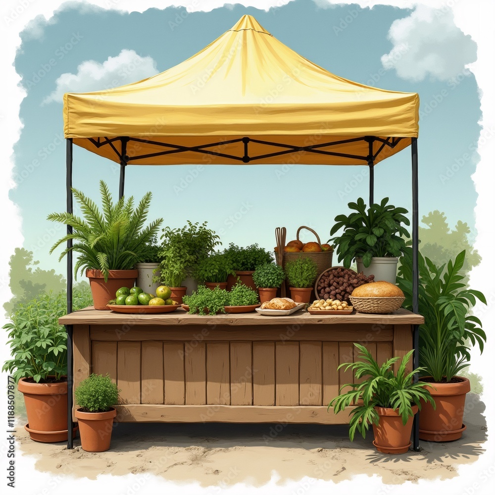 Poster the image is an illustration of a yellow canopy tent set up in a garden. the tent is rectangular in 