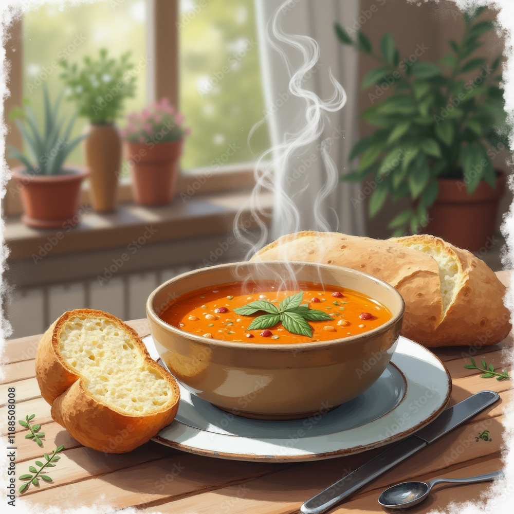 Poster the image shows a bowl of soup on a wooden table with a slice of bread on the side. the soup is oran