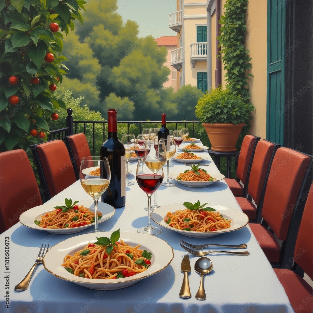 Poster the image shows a dining table set up on a balcony with a view of a garden. the table is covered wit