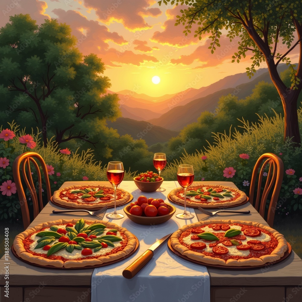 Poster the image shows a table set up in a garden with a beautiful view of the mountains in the background.