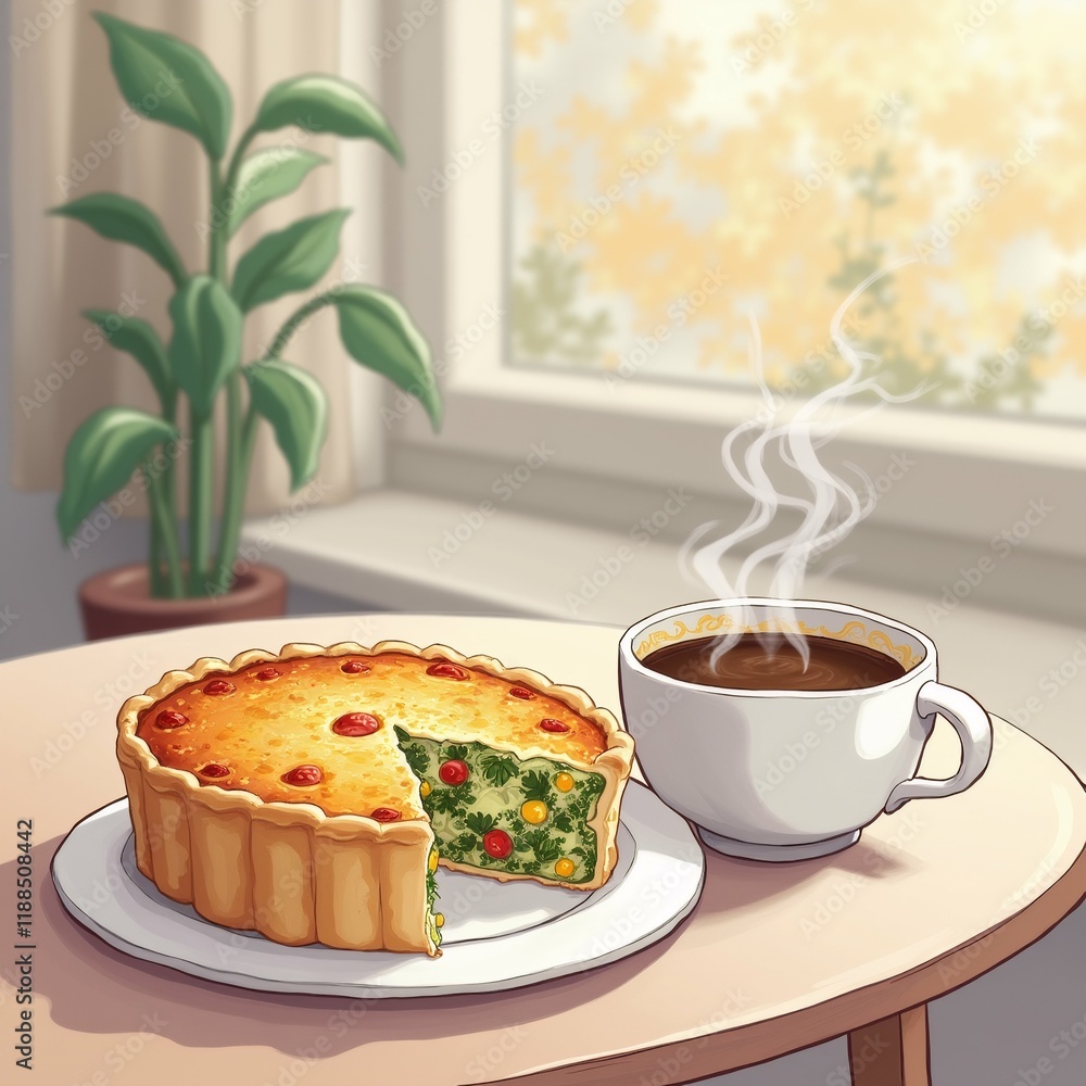 Poster the image shows a table with a slice of quiche and a cup of coffee on it. the quiche is golden brown