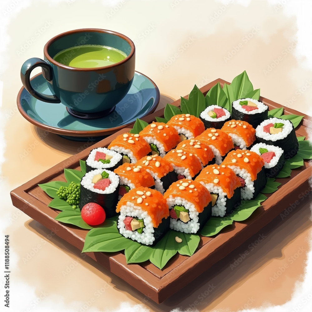 Poster the image shows a wooden tray with a variety of sushi rolls on it. the sushi rolls are arranged in a