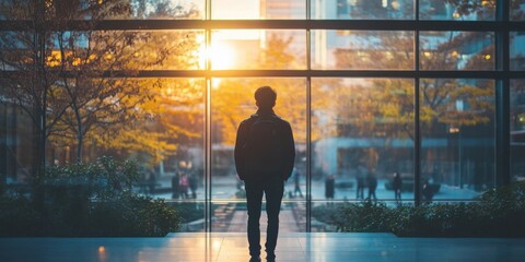 Fototapeta premium Silhouette of a person standing by a large window during sunset