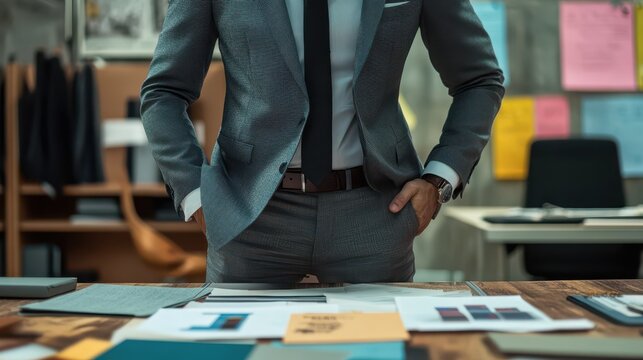 An office manager organizing a business event with professional attire and marketing materials illustrations