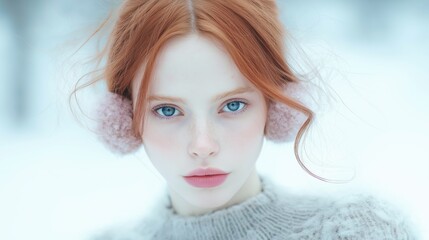 A woman with red hair and pink earmuffs is wearing a white sweater