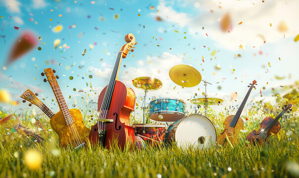 Musical instruments arranged in a vibrant field with colorful confetti under a bright sky.