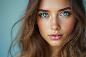 Naklejka premium Close-up of a young woman with blue eyes, natural freckles, and flowing hair, on a soft turquoise background. Concept of natural beauty