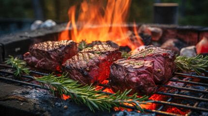 Juicy steaks grilled over open flames with fresh rosemary in a scenic outdoor setting at sunset