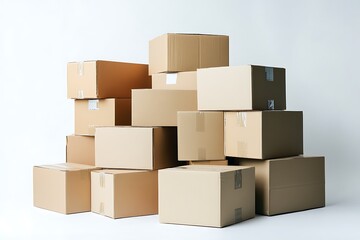Fototapeta premium A stack of cardboard boxes neatly arranged on a white background.