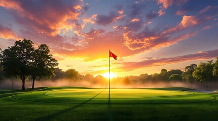 Sunrise on a golf course green with flag, scenic tranquility