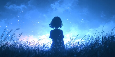 Fototapeta premium Silhouette of a child standing in tall grass under a glowing starry sky