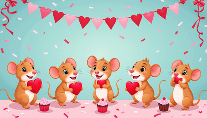 Fototapeta premium Five cheerful cartoon mice celebrating with hearts and cupcakes in a colorful party atmosphere