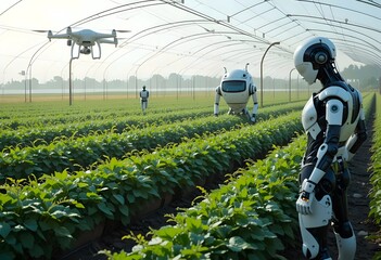Robots and drones in a greenhouse farm, technology in agriculture