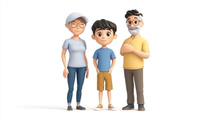 Happy 3D cartoon family grandmother, grandson, grandfather.