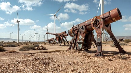 Old cannons and wind turbines in arid desert landscape