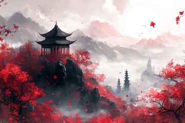 Obraz premium Mystical Chinese Pagoda Landscape with Vivid Red Foliage and Misty Mountains creating a serene atmosphere