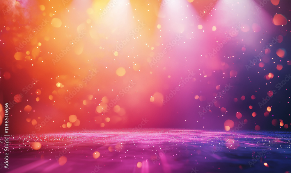 Poster vibrant stage lights create a colorful bokeh effect on a dark background.