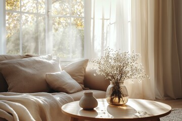 Neutral-toned living room with sunlight streaming through a large window