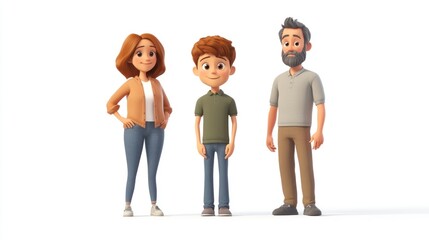 Happy cartoon family of three, mom, dad, and son, standing together.
