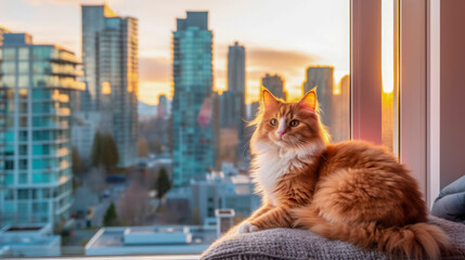 Cat watching sunset from apartment window in a city with high-rise buildings