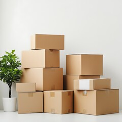 Obraz premium Cardboard boxes neatly stacked and organized on a white surface.