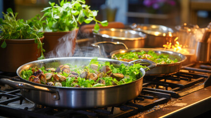 Fresh herbs and shellfish being prepared on a stove in a bustling kitchen during a culinary event in the evening