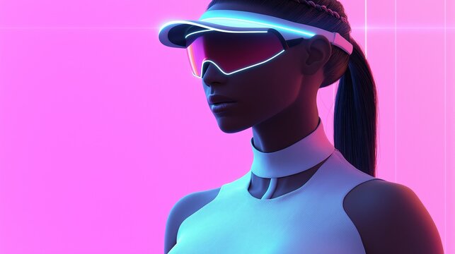 A woman wearing a visor and goggles is standing in front of a pink background