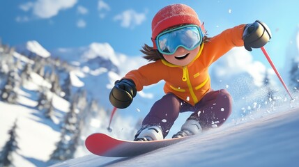Young Girl Skiing on Snowy Slope in Bright Winter Outfit