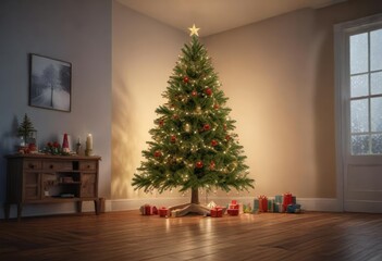 A beautifully lit Christmas tree with string lights and garlands, Garlands, Sparkling effect, Festive atmosphere