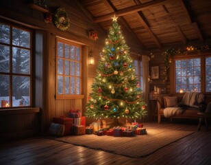 A beautifully lit Christmas tree in a cozy cabin with multicolored lights and ornaments that create a warm and inviting glow, shiny lights, warm glow, holiday season