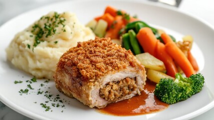 Delicious Gourmet Chicken Dish with Vegetables and Mashed Potatoes