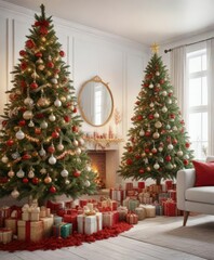 A beautifully decorated room filled with festive ornaments and decorations on a white background, including a festive Christmas tree, Festive room decor, holiday-themed wall art