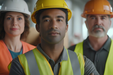 Diverse group of employees in safety gear participating in a workplace wellness program. Safety Health Environment Theme Mockup and concept