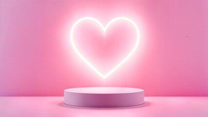 Set of 3D podium valentine day background with pink, red, white cylinder pedestal. Glow neon heart shape backdrop. Vector geometric platform. Mockup product display. Minimal wall scene. Stage showcase