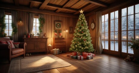 A beautifully decorated Christmas tree in a rustic wooden room, natural ambiance, cozy fireplace