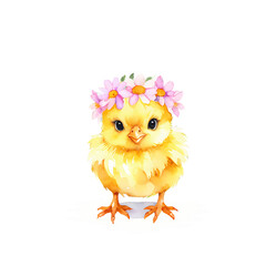 Cute Chick with Flower Crown: An adorable watercolor illustration of a fluffy yellow chick wearing a delicate crown of pink and white daisies.  Perfect for Easter, spring.