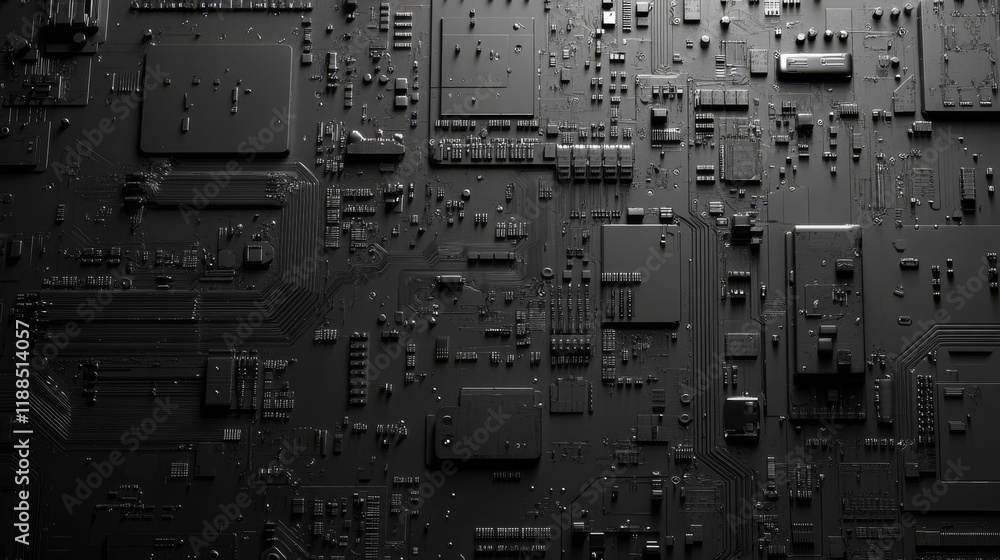 Poster detailed black motherboard close up showcasing intricate circuit patterns and electronic components 