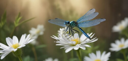 a beautiful blue dragonfly hovering around a small, white flower, garden, blue dragonfly