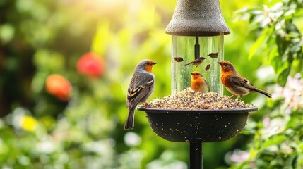 Obraz premium Colorful Birds Feeding at Bird Feeder in Lush Greenery Garden