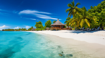 Naklejka premium Beautiful tropical beach with calm turquoise waters and lush palm trees under a clear blue sky in a serene getaway destination