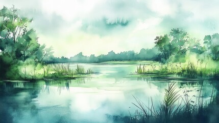 Fototapeta premium watercolor drawing of a tropical wetland, landscape.