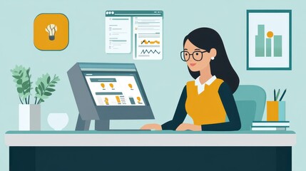 A businesswoman evaluating online customer reviews and ratings to improve her brand's products and services illustrations