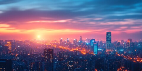 Obraz premium City skyline at sunset with glowing orange hues