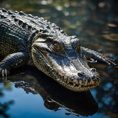 Fototapeta premium An alligator with opalescent scales walking through a liquid mirror maze of shifting reflections.