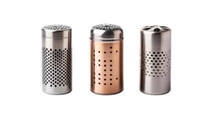 Three metallic graters with perforated designs on a transparent background